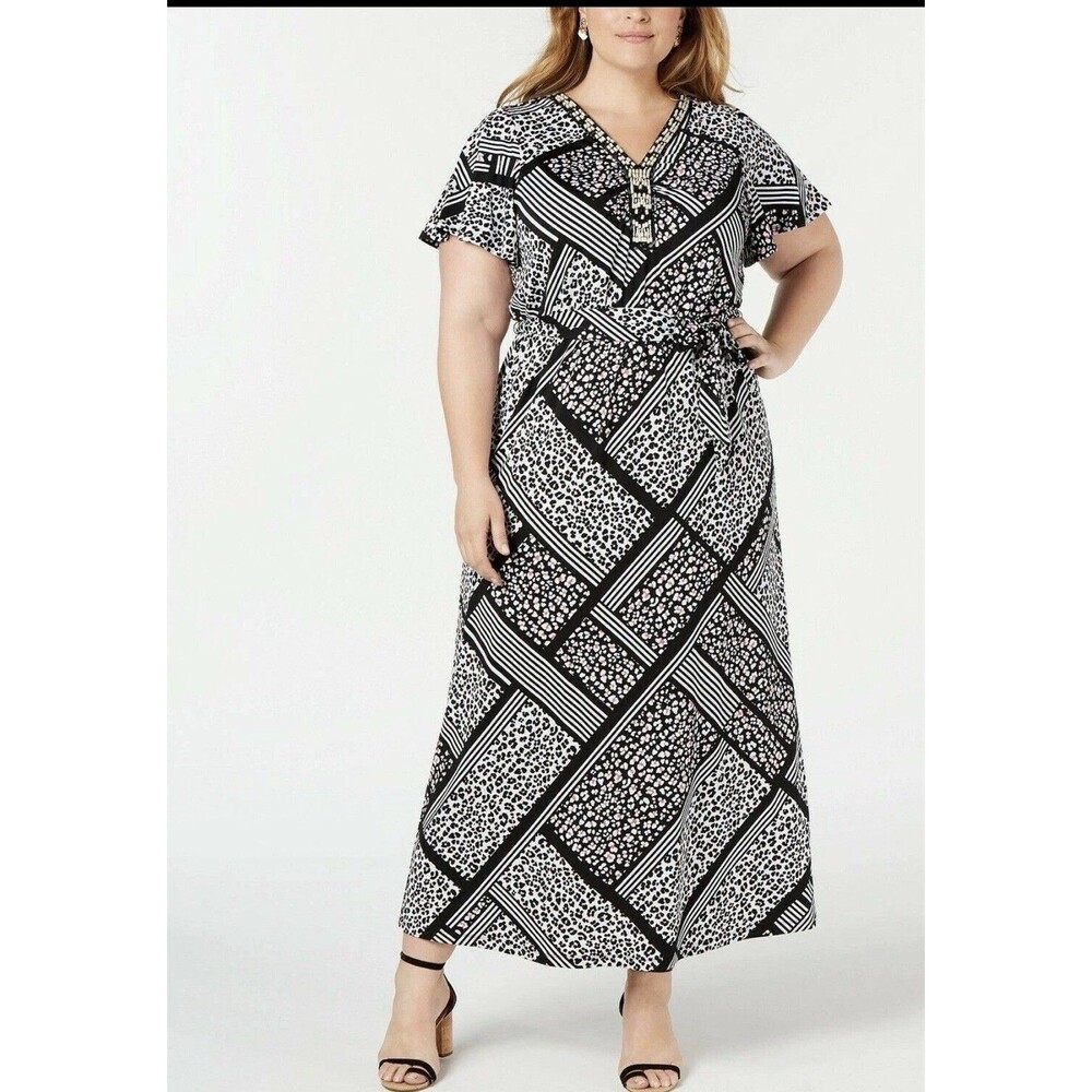 NY Collection Petite Plus Maxi Dress 1XP Black White Animal Stripe Beaded V-Neck
